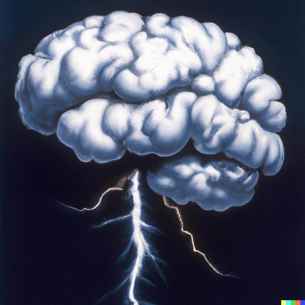 DALL·E prompt: A thunder cloud shaped like a human brain with lighting bolts coming out of it, by René Magritte